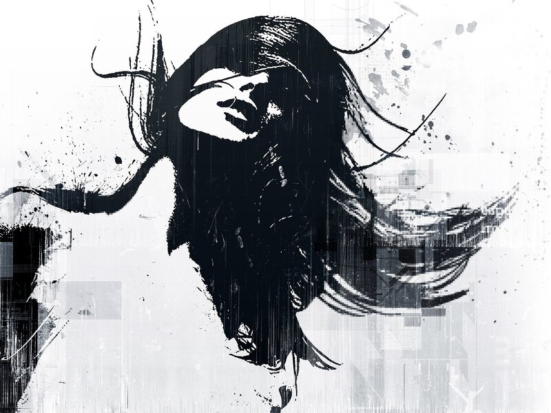 Woman with Long Hair — Black, Dramatic, Digital Art, Splatter, Grunge