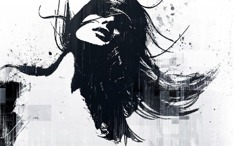 Woman with Long Hair — Black, Dramatic, Digital Art, Splatter