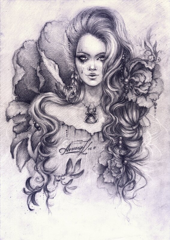 Woman with Long Hair — Black, Dramatic, Illustration, Flowers, Tears