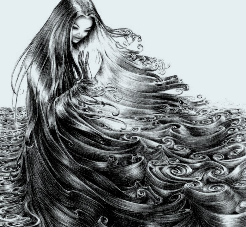 Woman with Long Hair — Black, Dramatic, Illustration, Waves