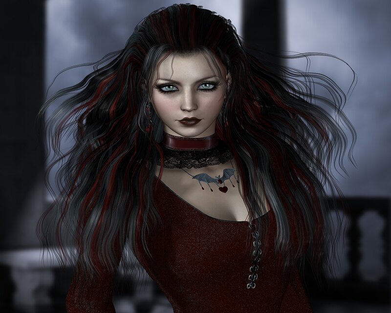 Woman with Long Hair — Black, Dramatic, Night, Digital Art, Bat Necklace