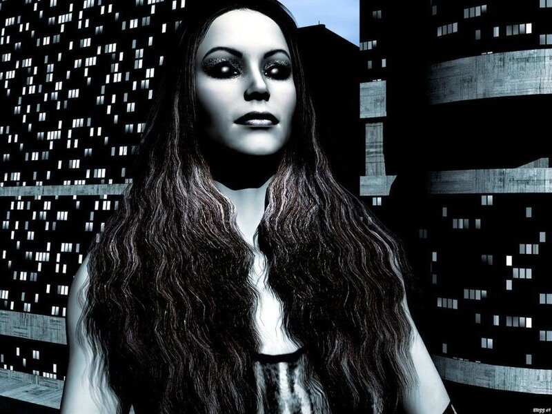 Woman with Long Hair — Black, Dramatic, Night, Digital Art, Buildings