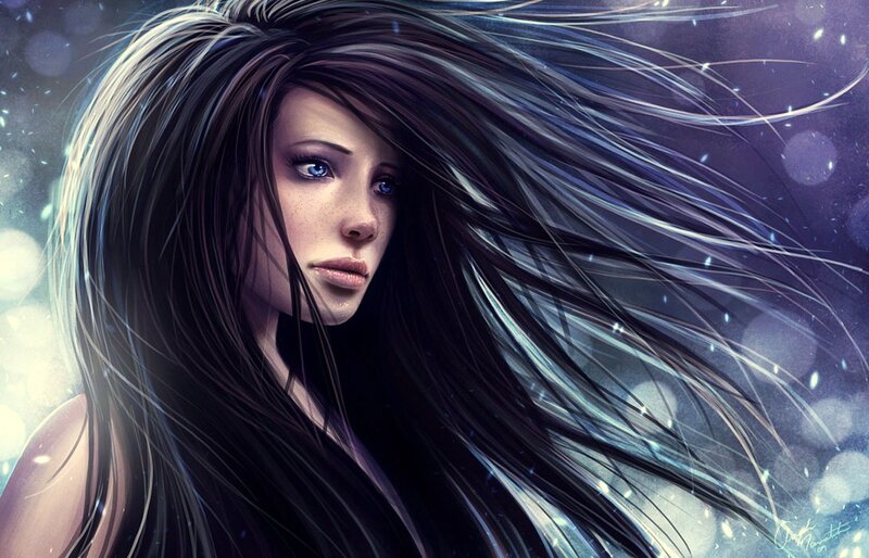 Woman with Long Hair — Black, Dramatic, Night, Digital Art, Eyes, Light