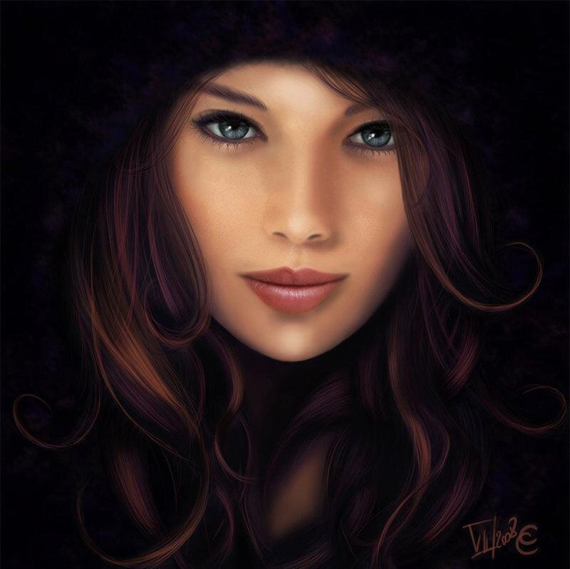 Woman with Long Hair — Black, Dramatic, Night, Digital Art, Eyes