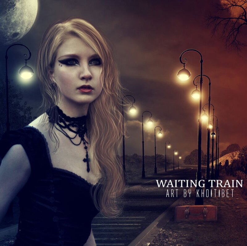 Woman with Long Hair — Black, Dramatic, Night, Digital Art, Moon, Train Tracks