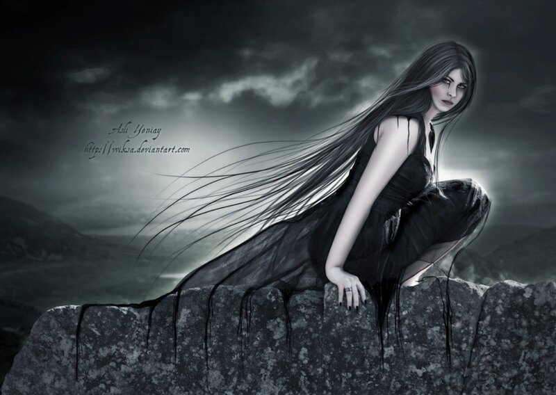 Woman with Long Hair — Black, Dramatic, Night, Digital Art, Rock