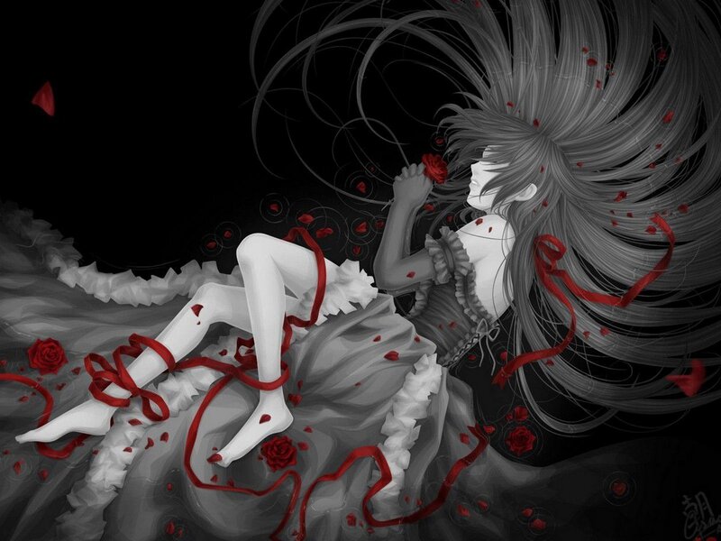 Woman with Long Hair — Black, Dramatic, Night, Digital Art, Roses