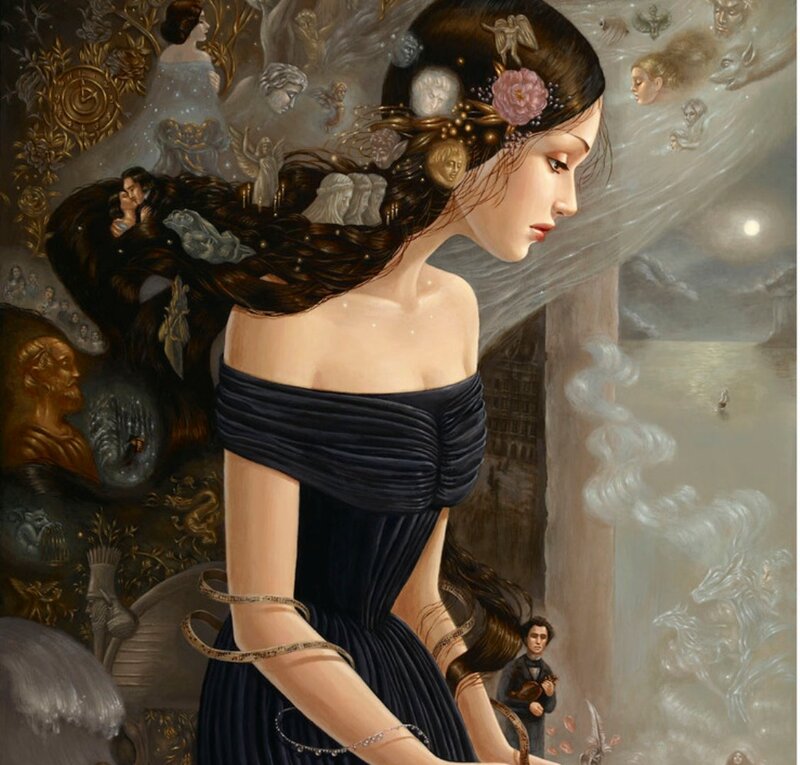 Woman with Long Hair — Black, Dramatic, Night, Painting