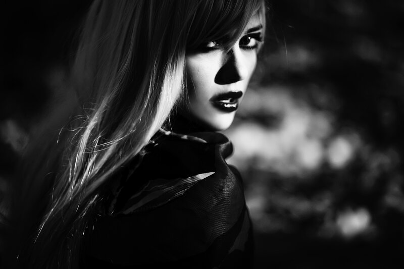 Woman with Long Hair — Black, Dramatic, Night, Photograph, Makeup