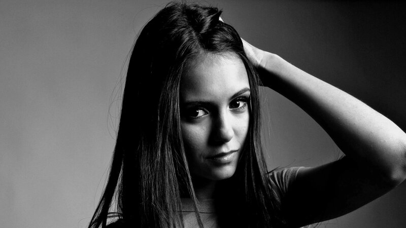 Woman with Long Hair — Black, Dramatic, Photograph, Arm, White, Gray