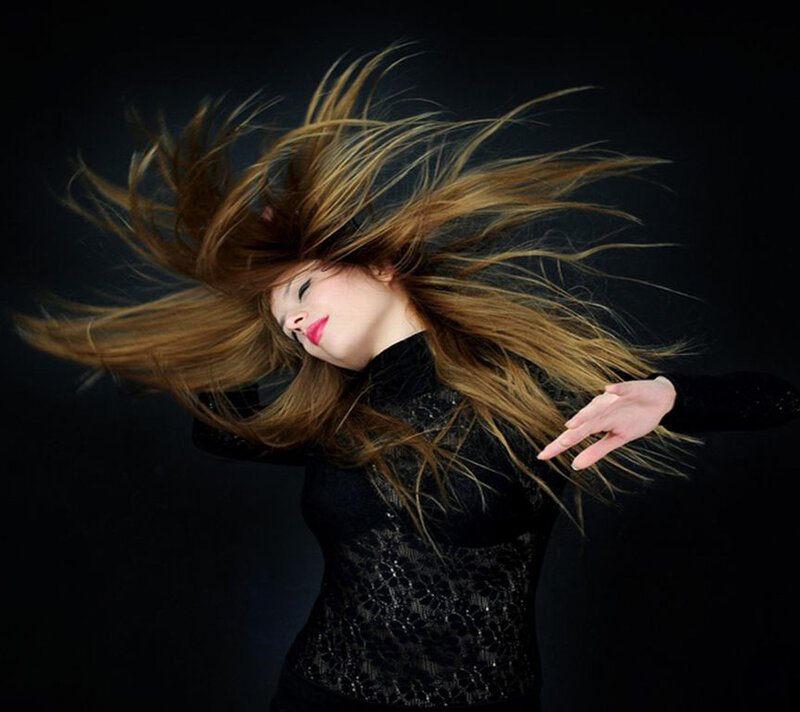 Woman with Long Hair — Black, Dramatic, Photograph, Black Top