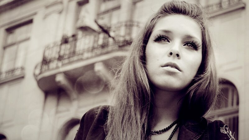 Woman with Long Hair — Black, Dramatic, Photograph, Building, Balcony