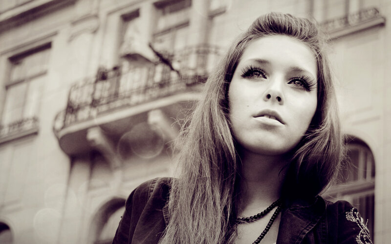 Woman with Long Hair — Black, Dramatic, Photograph, Building