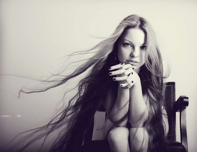 Woman with Long Hair — Black, Dramatic, Photograph, Chair