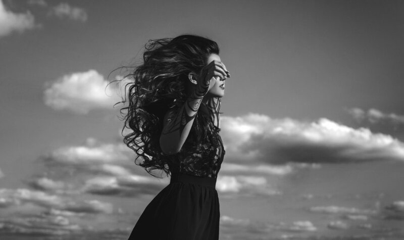 Woman with Long Hair — Black, Dramatic, Photograph, Clouds