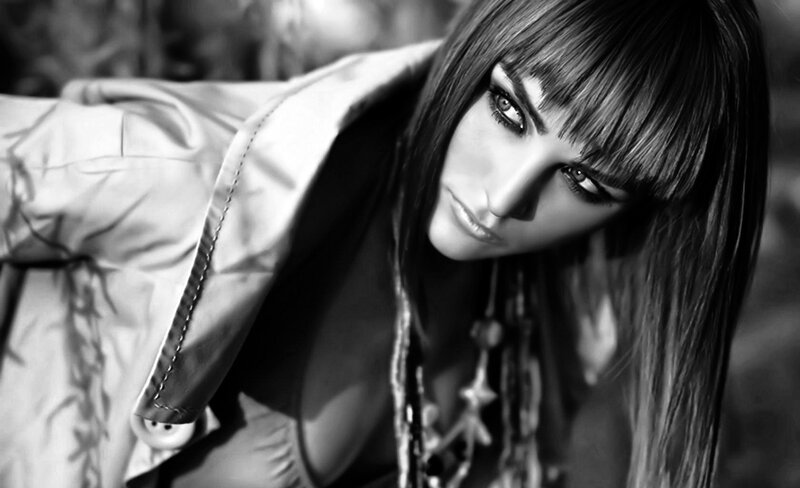 Woman with Long Hair — Black, Dramatic, Photograph, Coat