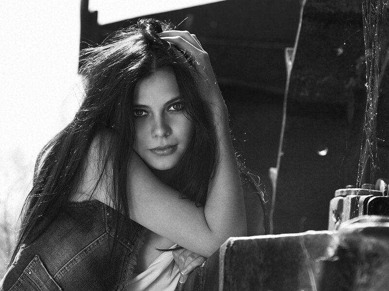 Woman with Long Hair — Black, Dramatic, Photograph, Denim Jacket