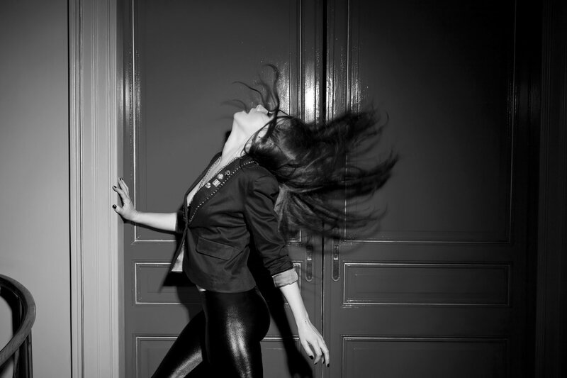 Woman with Long Hair — Black, Dramatic, Photograph, Door