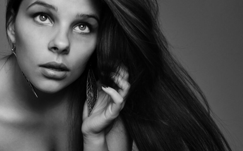 Woman with Long Hair — Black, Dramatic, Photograph, Earring, Hand, White