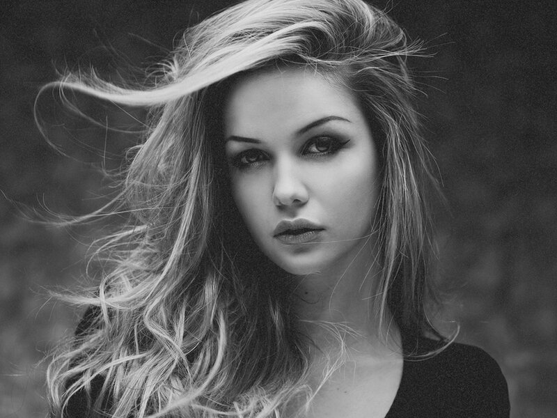 Woman with Long Hair — Black, Dramatic, Photograph, Eyes, Black Top, White