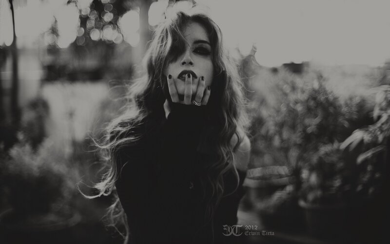 Woman with Long Hair — Black, Dramatic, Photograph, Hand, Plants, White