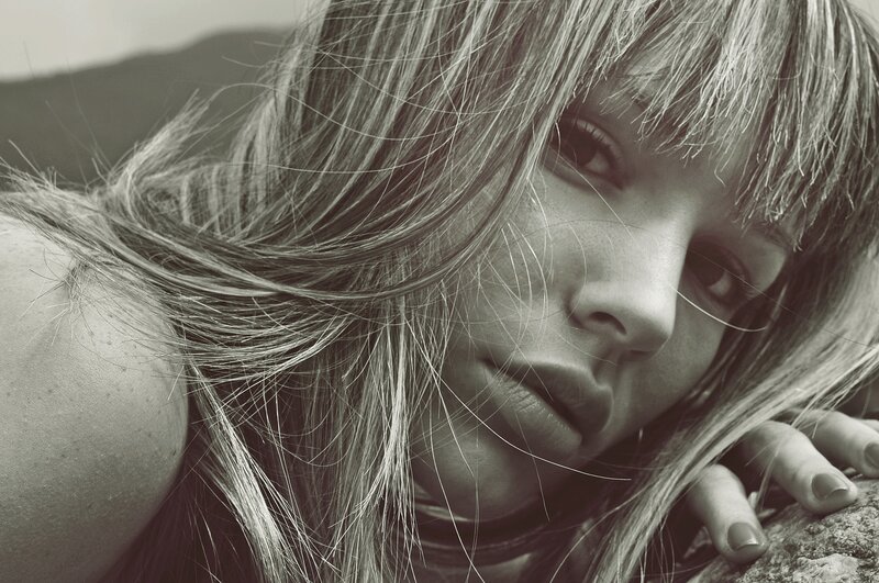 Woman with Long Hair — Black, Dramatic, Photograph, Hand, Rock