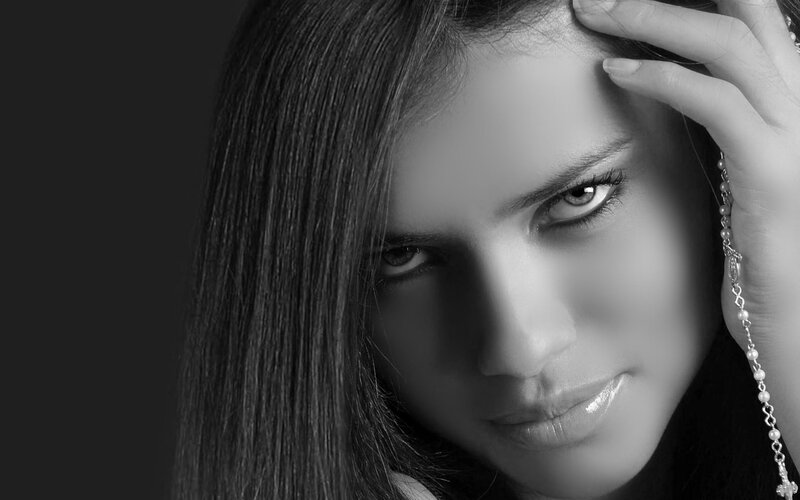 Woman with Long Hair — Black, Dramatic, Photograph, Hand, Rosary, White, Gray