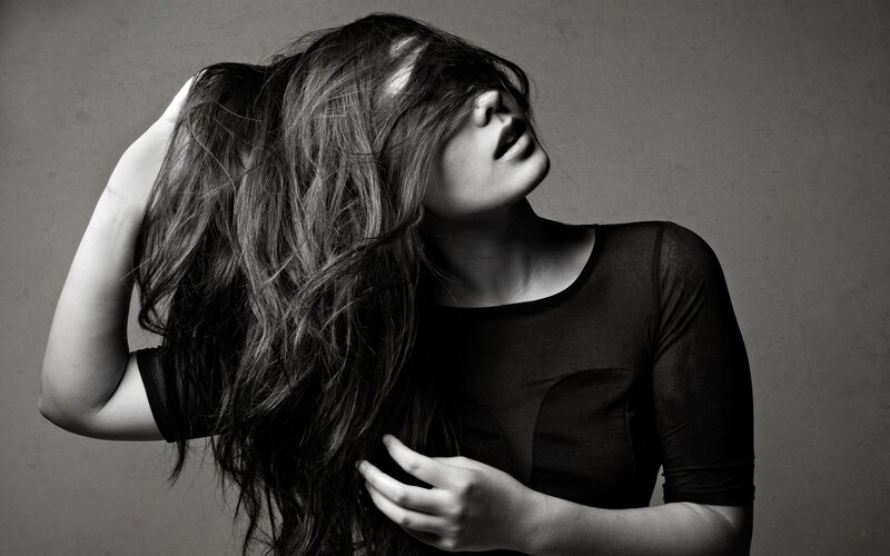 Woman with Long Hair — Black, Dramatic, Photograph, Hand, Shirt, White, Gray