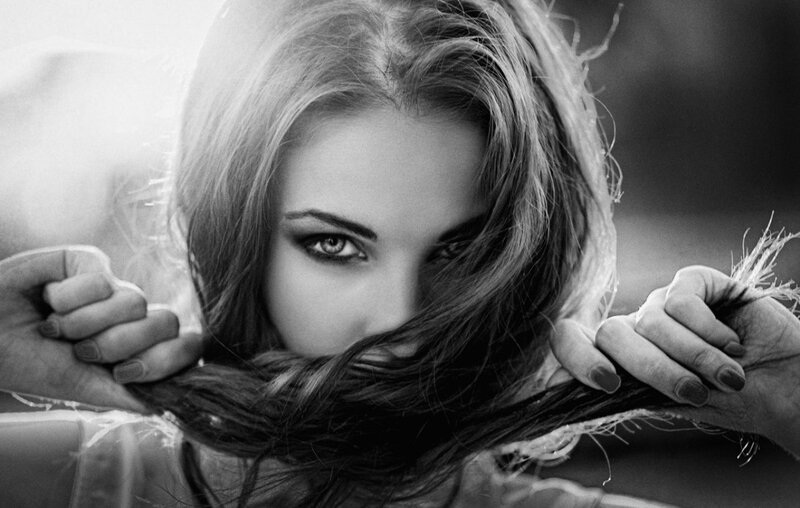 Woman with Long Hair — Black, Dramatic, Photograph, Hands, Eyes