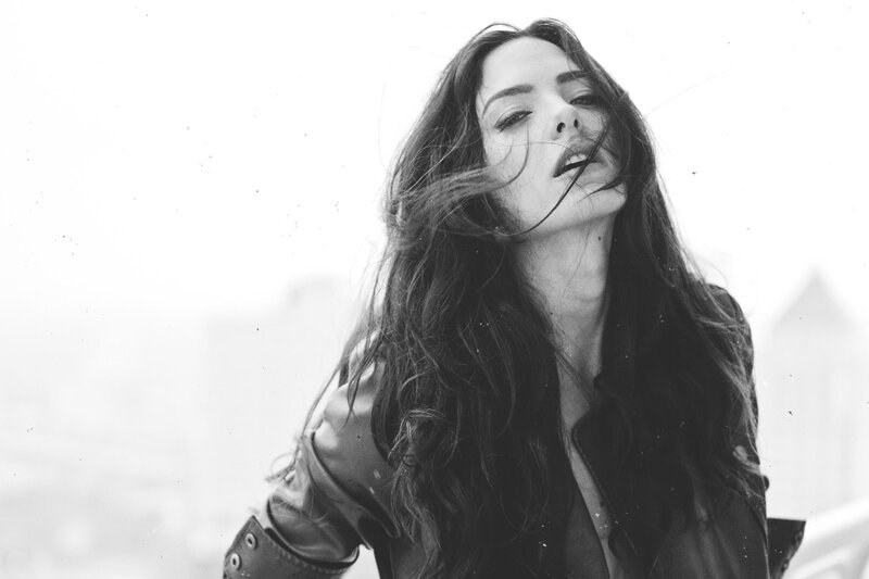 Woman with Long Hair — Black, Dramatic, Photograph, Jacket, City