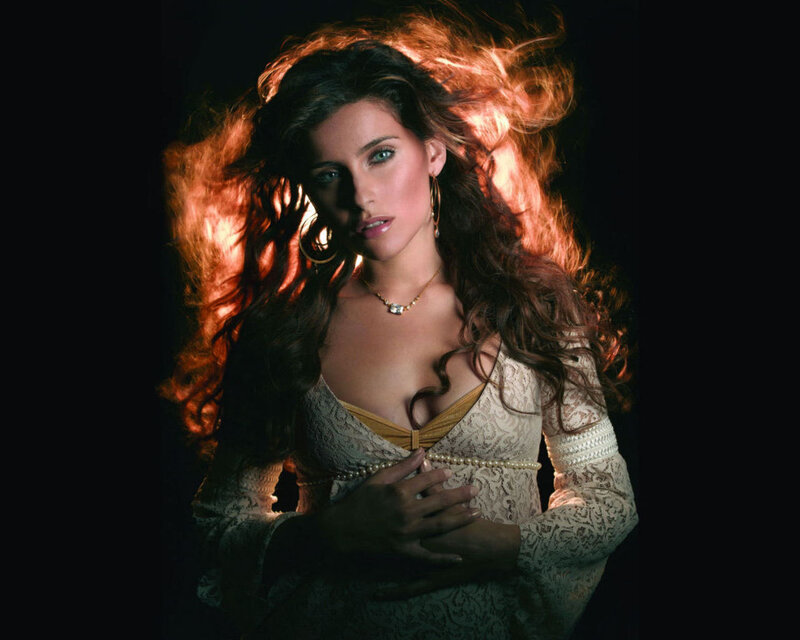 Woman with Long Hair — Black, Dramatic, Photograph, Lace Dress, Pearl Necklace