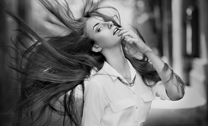 Woman with Long Hair — Black, Dramatic, Photograph, Shirt