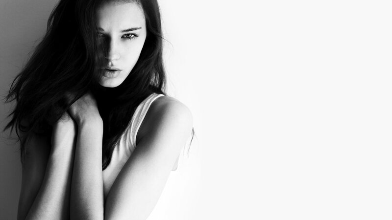 Woman with Long Hair — Black, Dramatic, Photograph, Shoulder, White Background, White