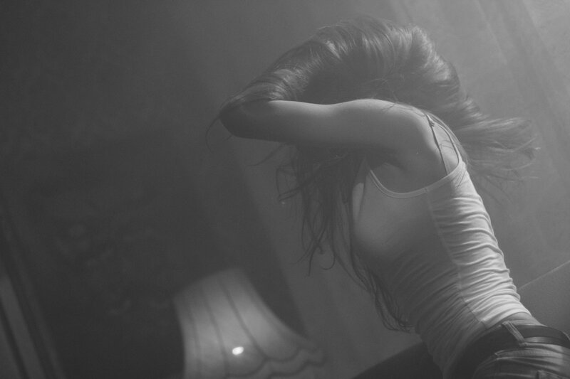 Woman with Long Hair — Black, Dramatic, Photograph, Tank Top, Lamp