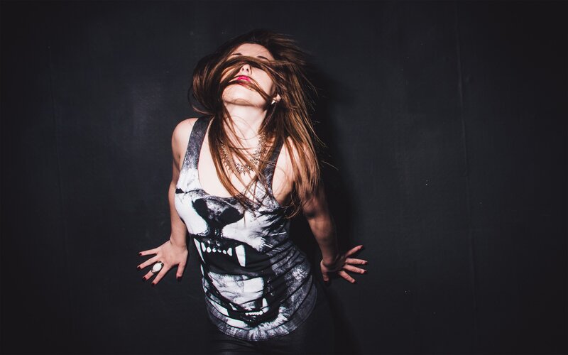 Woman with Long Hair — Black, Dramatic, Photograph, Tank Top, Necklace, Ring