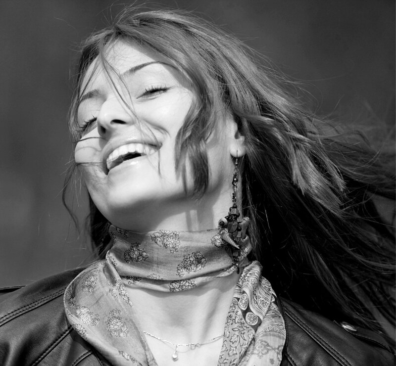 Woman with Long Hair — Black, Joyful, Photograph, Scarf