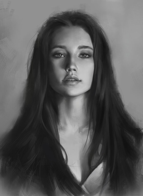 Woman with Long Hair — Black, Neutral, Digital Art, Face