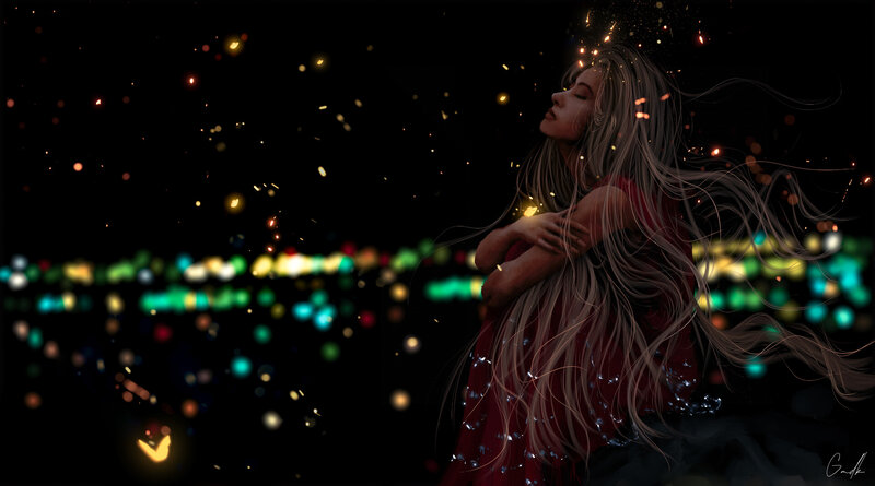 Woman with Long Hair — Black, Serene, Night, Digital Art