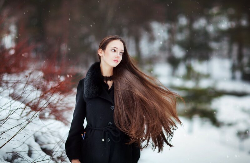 Woman with Long Hair — Black, Serene, Winter