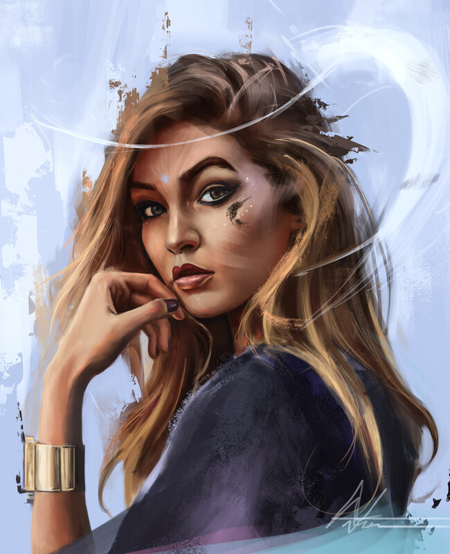 Woman with Long Hair — Blue, Contemplative, Digital Art