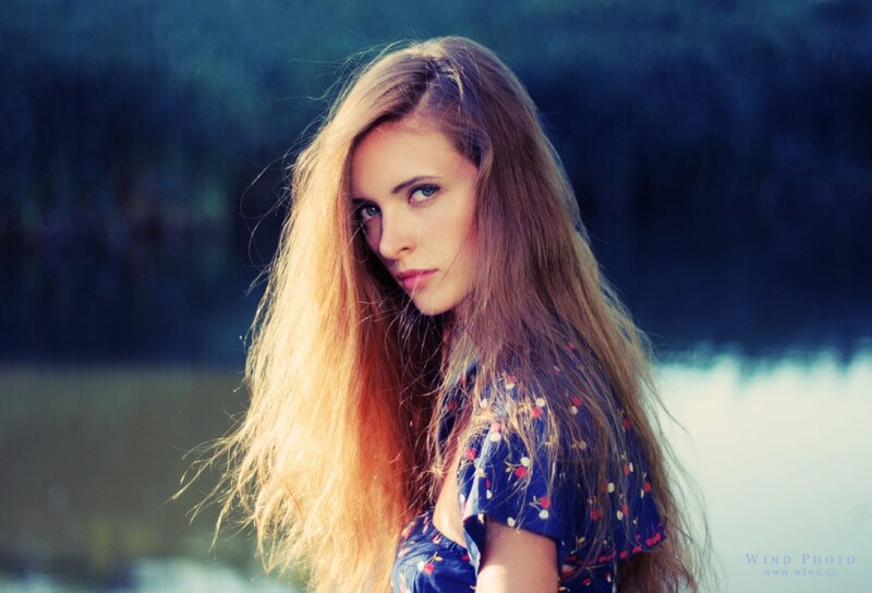 Woman with Long Hair — Blue, Dramatic, Afternoon, Photograph, Flowered Shirt