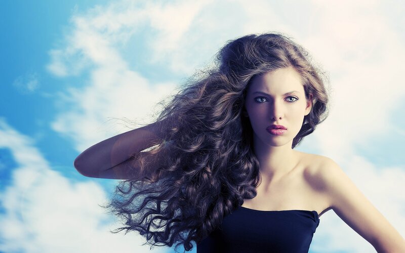 Woman with Long Hair — Blue, Dramatic, Afternoon, Photograph, Sky, Clouds
