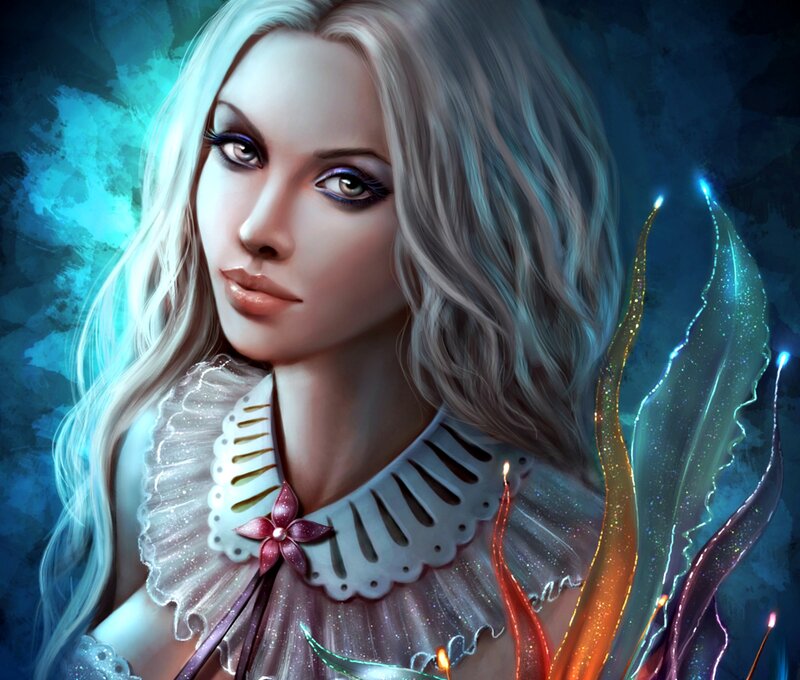 Woman with Long Hair — Blue, Dramatic, Digital Art, Dress