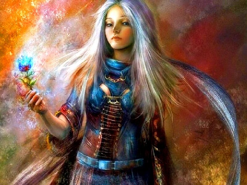 Woman with Long Hair — Blue, Dramatic, Digital Art, Flower, Cape