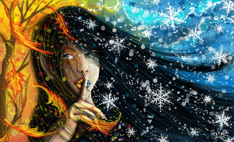 Woman with Long Hair — Blue, Dramatic, Digital Art, Snowflakes