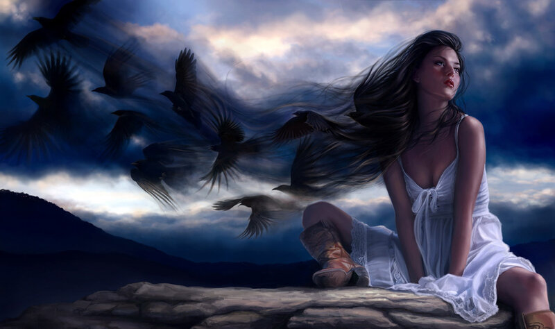 Woman with Long Hair — Blue, Dramatic, Night, Digital Art, Birds