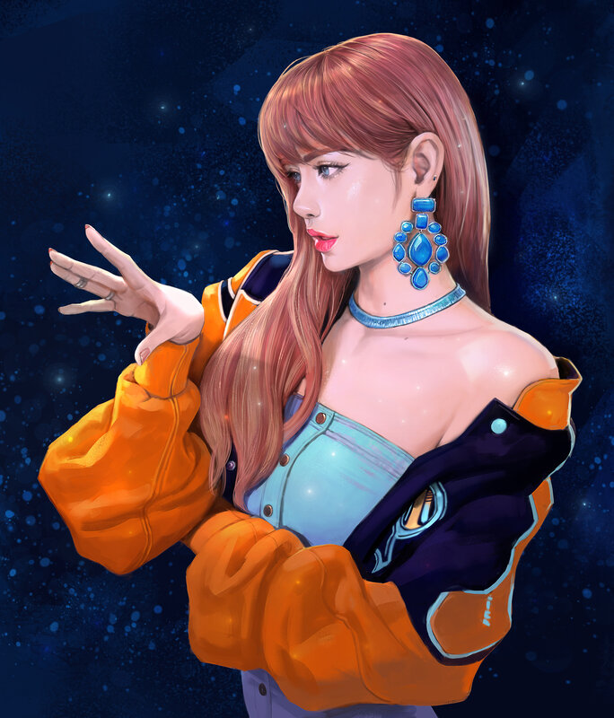 Woman with Long Hair — Blue, Dramatic, Night, Digital Art, Blue Earrings