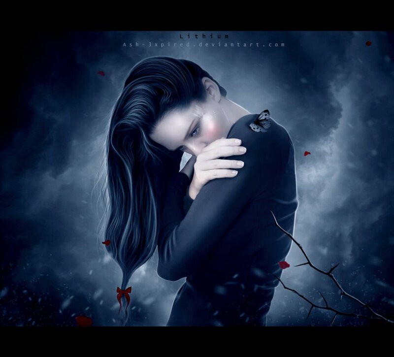 Woman with Long Hair — Blue, Dramatic, Night, Digital Art, Butterfly