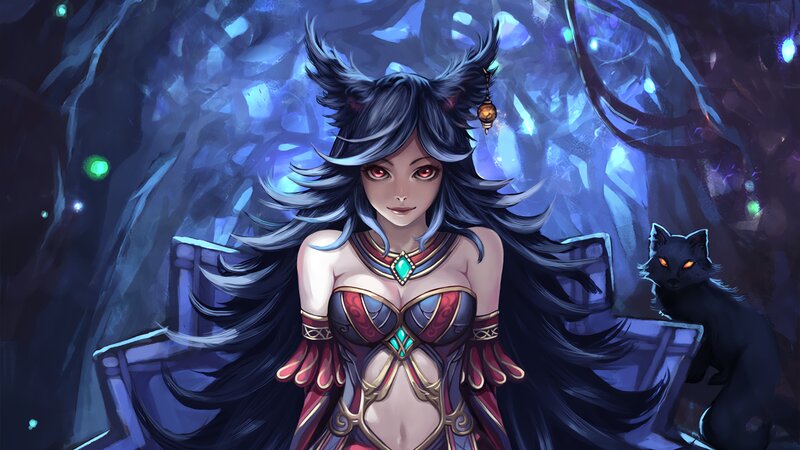 Woman with Long Hair — Blue, Dramatic, Night, Digital Art, Cat