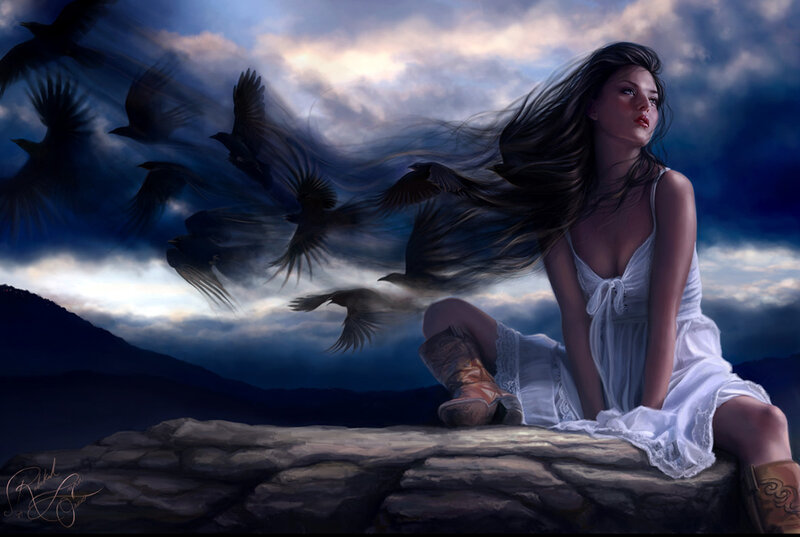 Woman with Long Hair — Blue, Dramatic, Night, Digital Art, Crows
